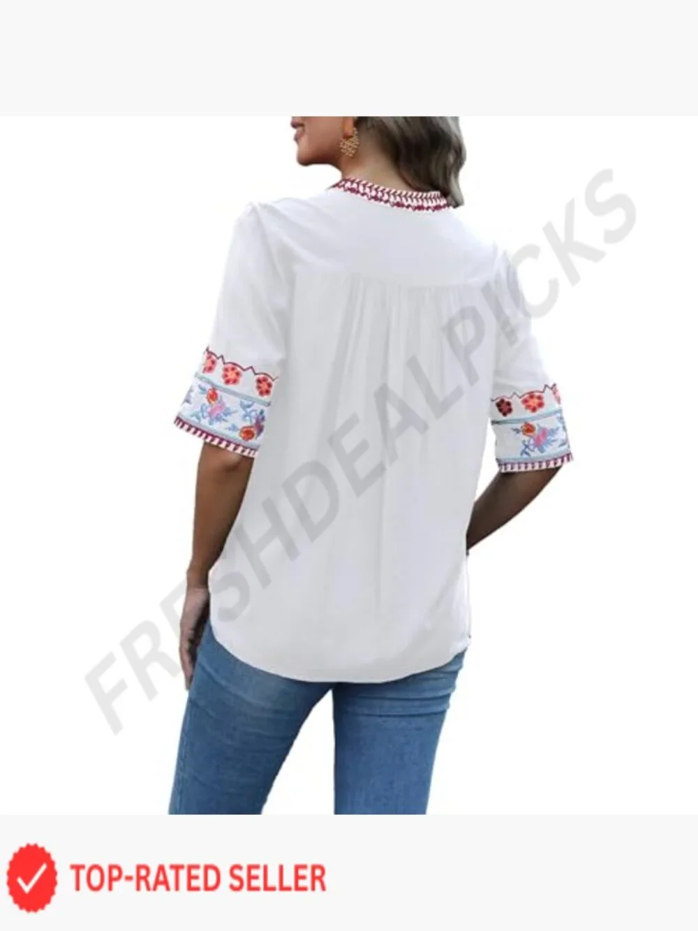 Embroidered V-Neck Blouse Short Sleeve Floral Boho Peasant Top Relaxed Fit - Picture 2 of 5